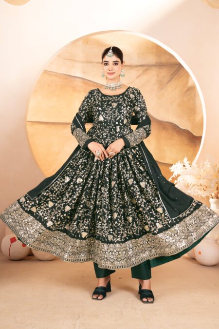 Avantini Women's Dark Green Georgette Embroidery Anarkali Suit Set With Dupatta