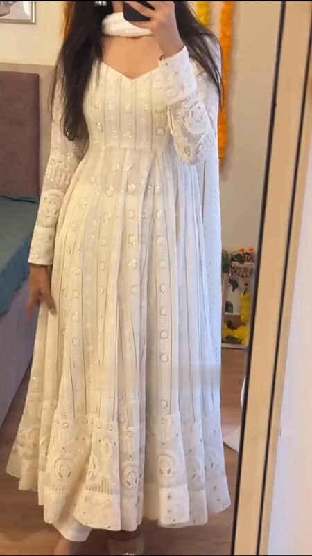 Avantini Women's White Faux Blooming Embroidery Anarkali Kurta Pant With Dupatta