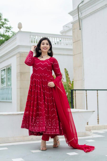 Avantini Women's Red Faux Georgette Embroidery Anarkali Kurta Pant With Dupatta