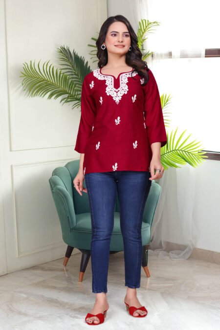Avantini Women's Viscose Rayon Maroon Floral Embroidery Tunic
