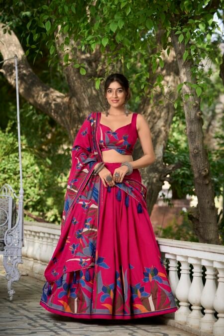 Malishka Export Womens Pink Dola Silk With Foil Print Lehenga Choli Set