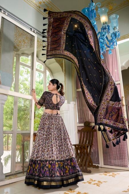 Malishka Export Womens Black Dola Silk With Foil Print Lehenga Choli Set