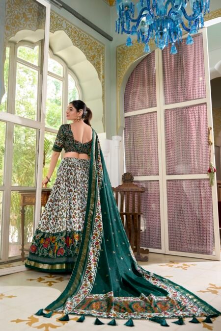 Malishka Export Womens Green Dola Silk With Foil Print Lehenga Choli Set