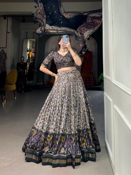 Malishka Export Womens Black Dola Silk With Foil Print Lehenga Choli Set
