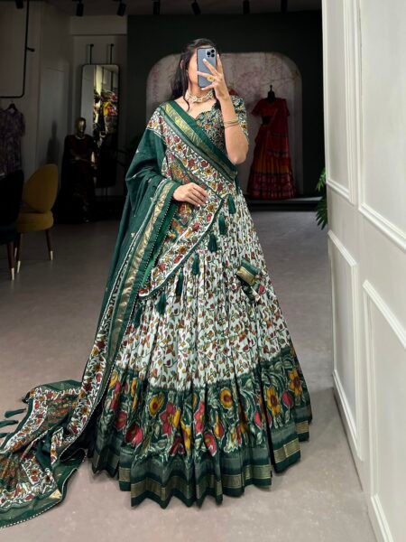 Malishka Export Womens Green Dola Silk With Foil Print Lehenga Choli Set
