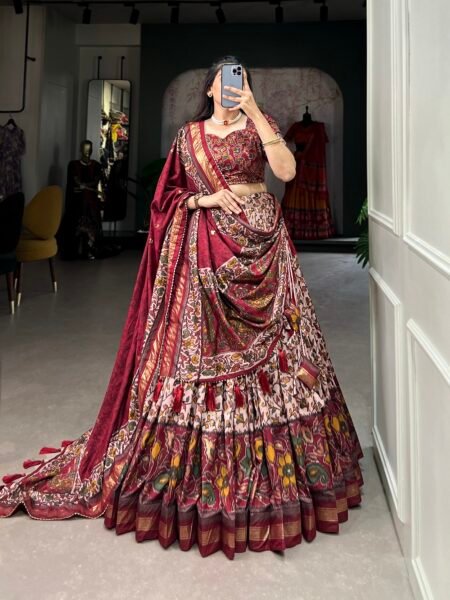 Malishka Export Womens Maroon Dola Silk With Foil Print Lehenga Choli Set