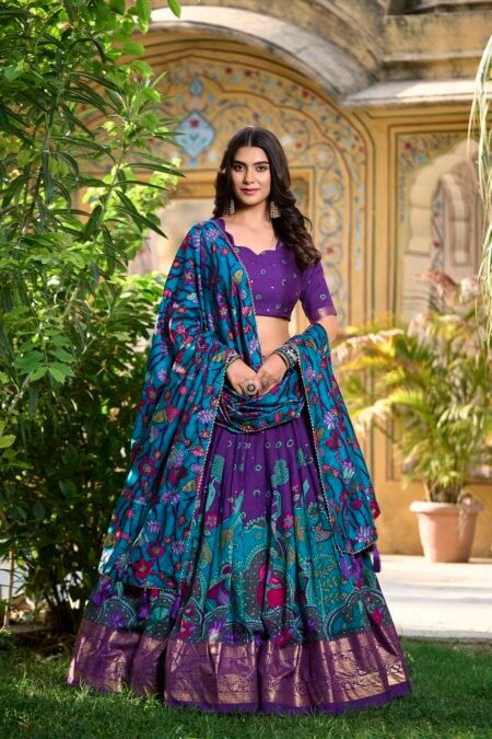 Malishka Export Womens Purple Dola Silk With Foil Print Lehenga Choli Set