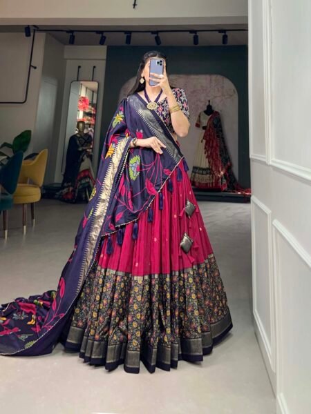 Malishka Export Womens Pink Dola Silk With Foil Print Lehenga Choli Set