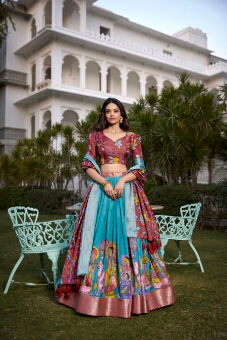 Malishka Export Womens Firozi Dola Silk With Jacquard Lehenga Choli Set