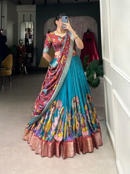 Malishka Export Womens Firozi Dola Silk With Jacquard Lehenga Choli Set