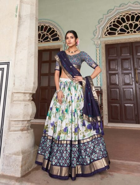 Malishka Export Womens Navy Blue Dola Silk With Foil Print Lehenga Choli Set