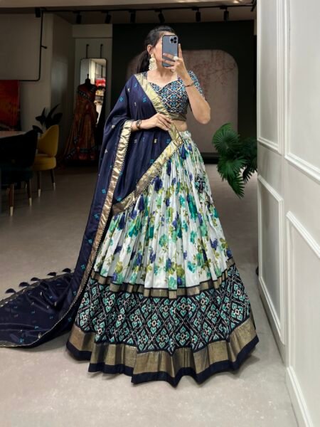Malishka Export Womens Navy Blue Dola Silk With Foil Print Lehenga Choli Set