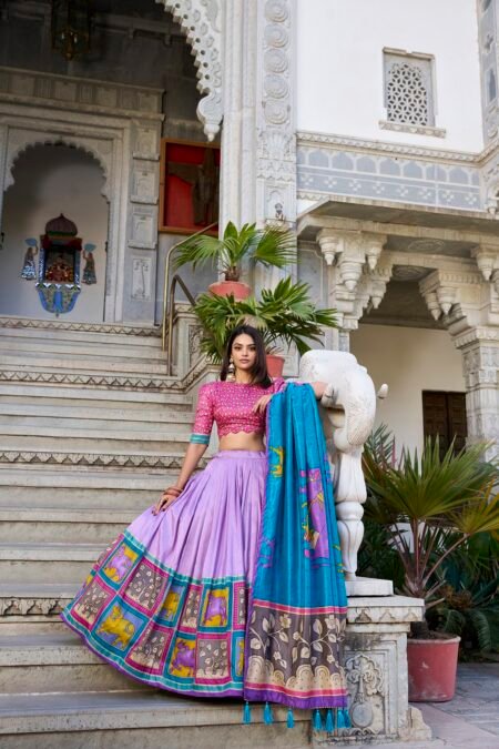 Malishka Export Womens Lavender Dola Silk With Foil Print Lehenga Choli Set