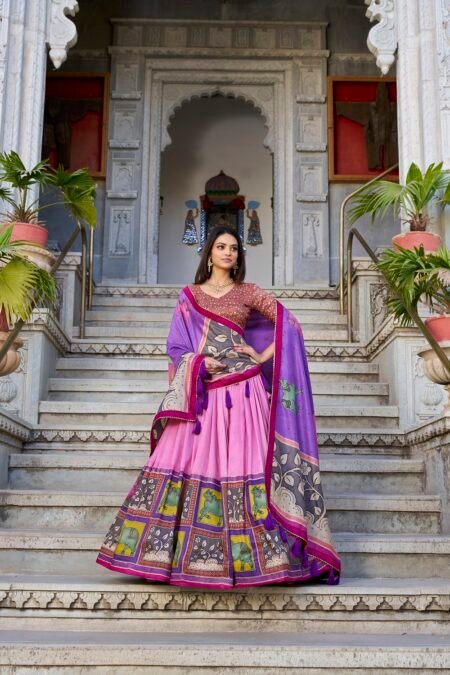 Malishka Export Womens Peach Dola Silk With Foil Print Lehenga Choli Set