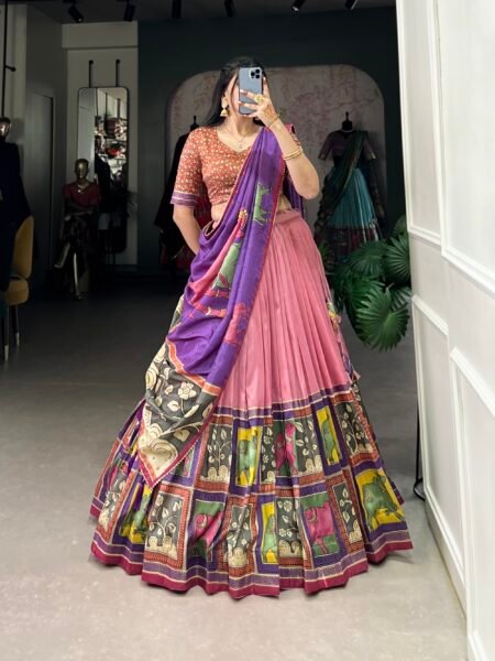 Malishka Export Womens Peach Dola Silk With Foil Print Lehenga Choli Set