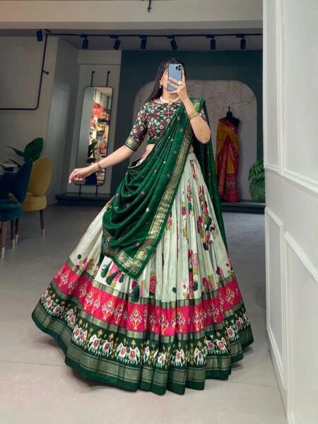 Malishka Export Womens Green Dola Silk With Foil Print Lehenga Choli Set