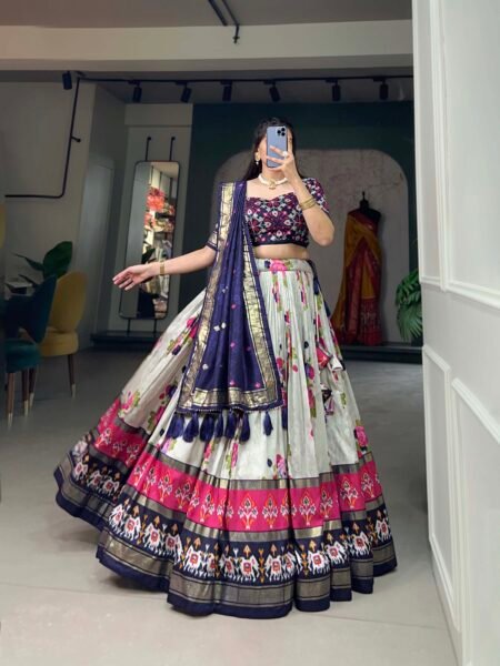 Malishka Export Womens Navy Blue Dola Silk With Foil Print Lehenga Choli Set