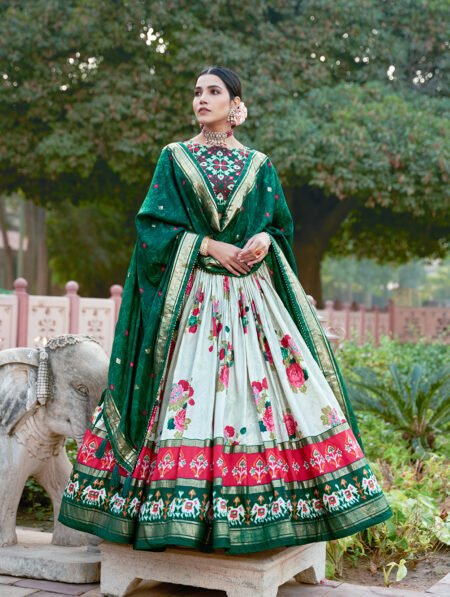 Malishka Export Womens Green Dola Silk With Foil Print Lehenga Choli Set
