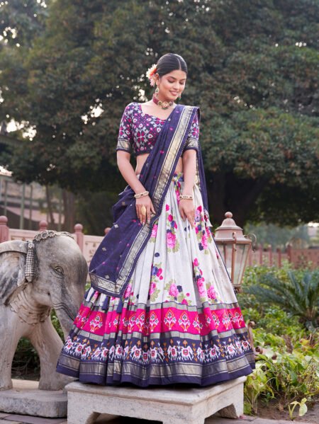 Malishka Export Womens Navy Blue Dola Silk With Foil Print Lehenga Choli Set