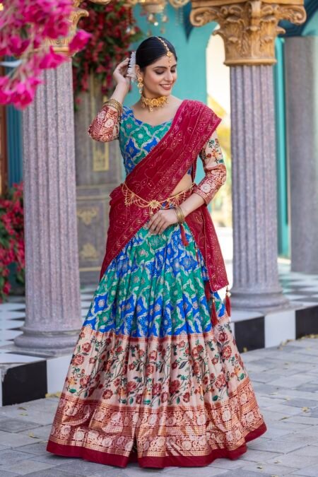 Malishka Export Womens Blue Dola Silk With Foil Print Lehenga Choli Set