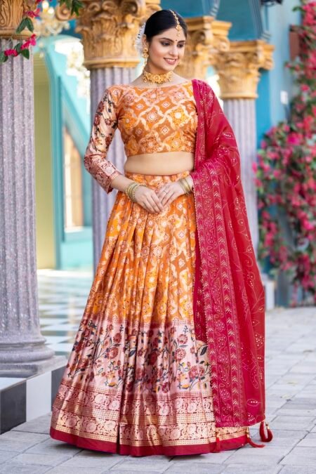 Malishka Export Womens Orange Dola Silk With Foil Print Lehenga Choli Set