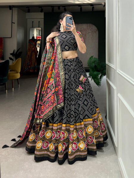 Malishka Export Womens Black Dola Silk With Foil Print Lehenga Choli Set