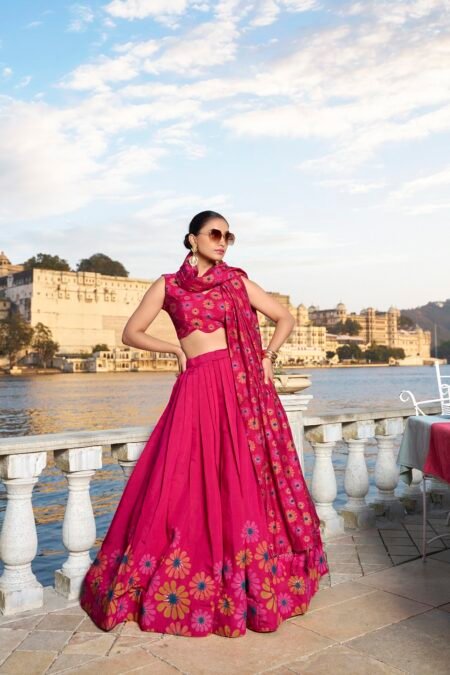 Malishka Export Womens Pink Dola Silk With Foil Print Lehenga Choli Set