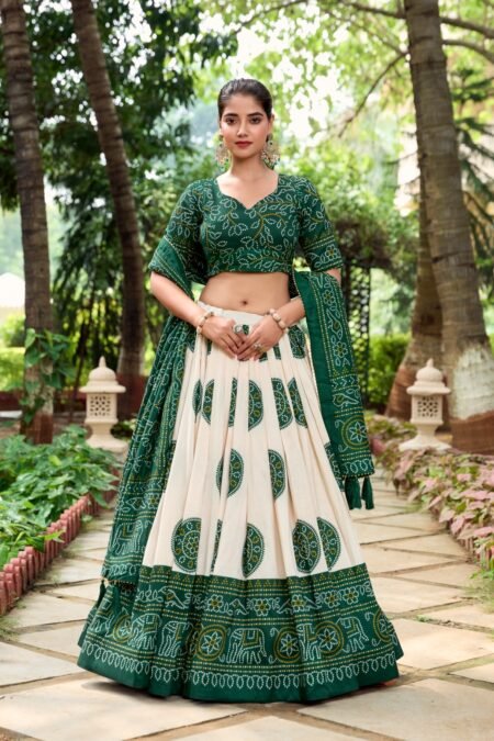 Malishka Export Womens Green Dola Silk With Foil Print Lehenga Choli Set