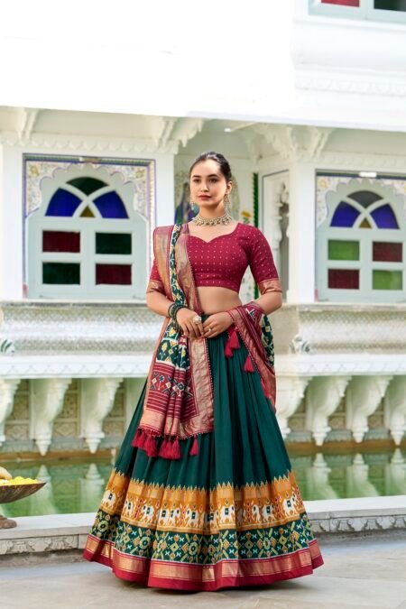 Malishka Export Womens Green Dola Silk With Foil Print Lehenga Choli Set