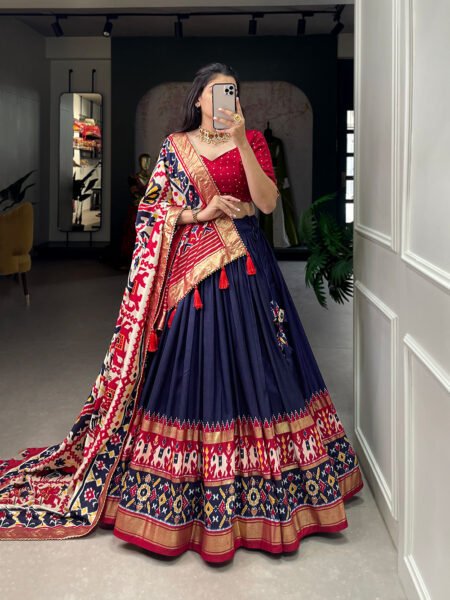 Malishka Export Womens Blue Dola Silk With Foil Print Lehenga Choli Set