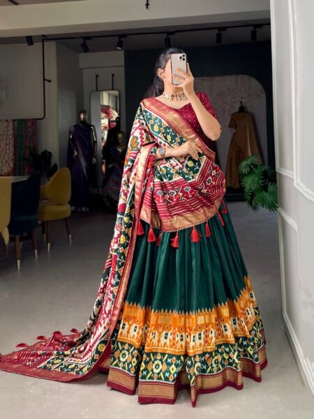 Malishka Export Womens Green Dola Silk With Foil Print Lehenga Choli Set