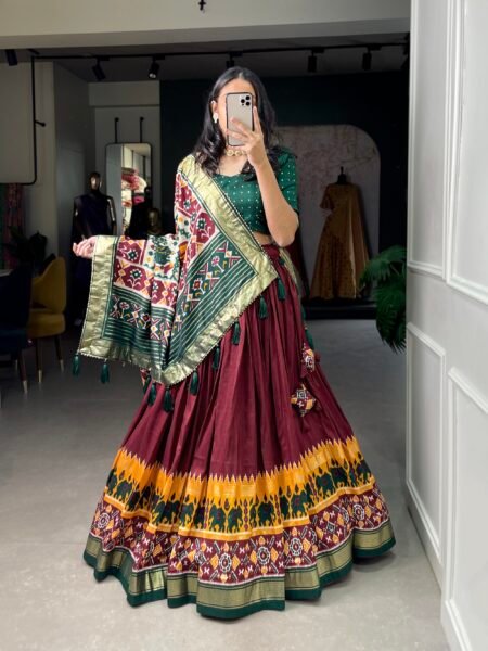 Malishka Export Womens Maroon Dola Silk With Foil Print Lehenga Choli Set