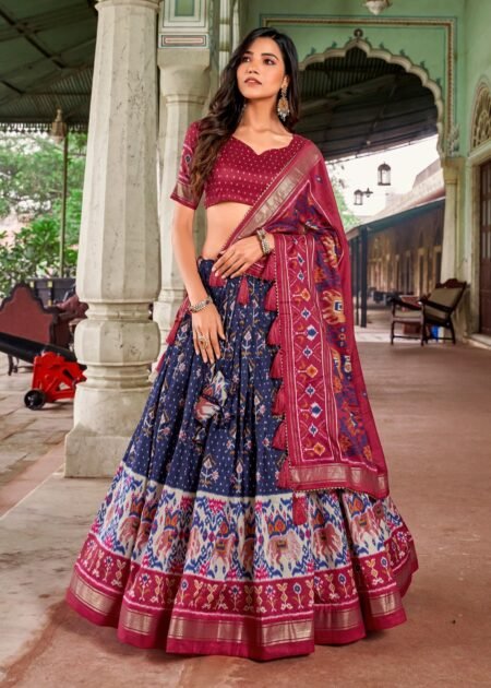 Malishka Export Womens Navy Blue Dola Silk With Foil Print Lehenga Choli Set