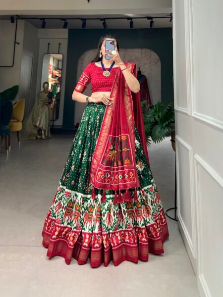 Malishka Export Womens Green Dola Silk With Foil Print Lehenga Choli Set