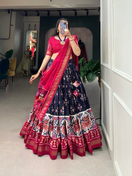 Malishka Export Womens Navy Blue Dola Silk With Foil Print Lehenga Choli Set