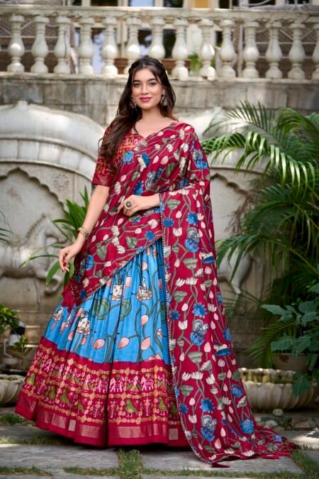 Malishka Export Womens Firozi Dola Silk With Foil Print Lehenga Choli Set