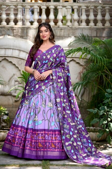 Malishka Export Womens Lavender Dola Silk With Foil Print Lehenga Choli Set