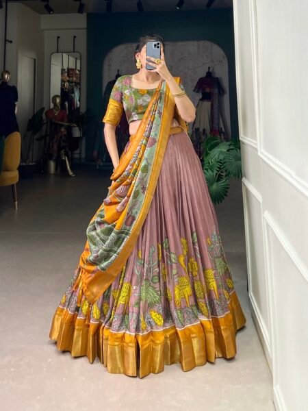 Malishka Export Womens Orange Dola Silk With Foil Print Lehenga Choli Set