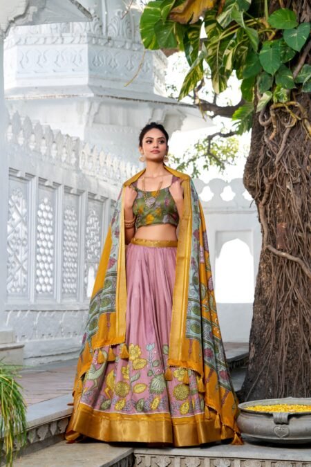 Malishka Export Womens Orange Dola Silk With Foil Print Lehenga Choli Set