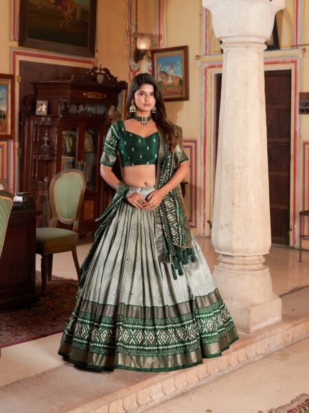 Malishka Export Womens Green Dola Silk With Foil Print Lehenga Choli Set