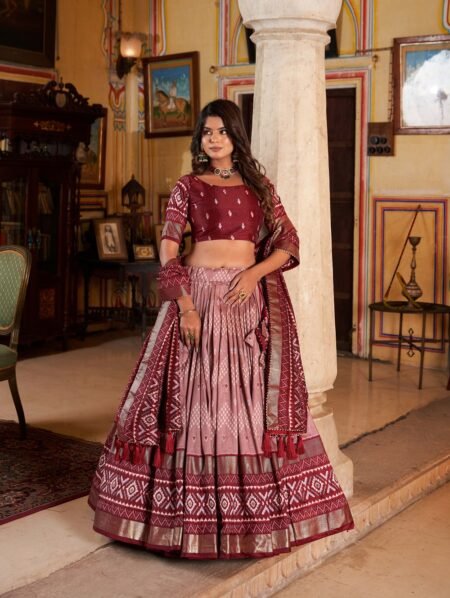Malishka Export Womens Maroon Dola Silk With Foil Print Lehenga Choli Set