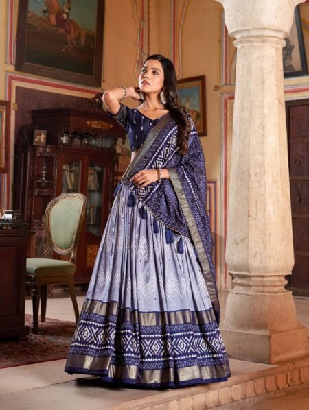 Malishka Export Womens Navy Blue Dola Silk With Foil Print Lehenga Choli Set