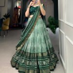Malishka Export Womens Green Dola Silk With Foil Print Lehenga Choli Set