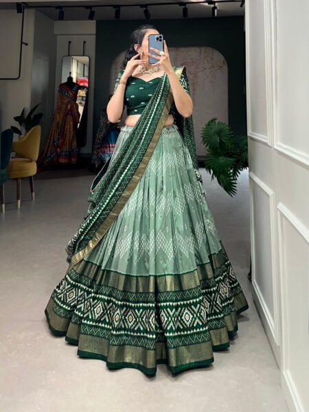 Malishka Export Womens Green Dola Silk With Foil Print Lehenga Choli Set