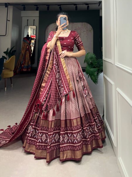 Malishka Export Womens Maroon Dola Silk With Foil Print Lehenga Choli Set
