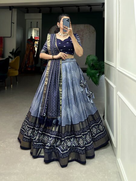 Malishka Export Womens Navy Blue Dola Silk With Foil Print Lehenga Choli Set