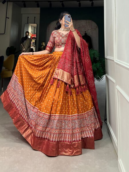 Malishka Export Womens Orange Dola Silk With Foil Print Lehenga Choli Set