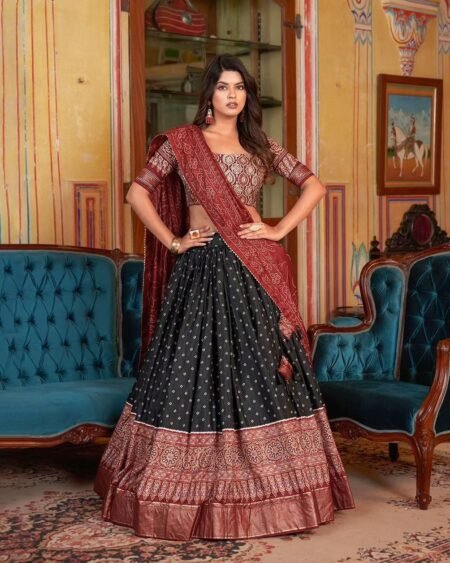 Malishka Export Womens Black Dola Silk With Foil Print Lehenga Choli Set
