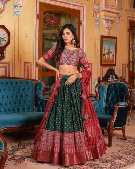 Malishka Export Womens Green Dola Silk With Foil Print Lehenga Choli Set