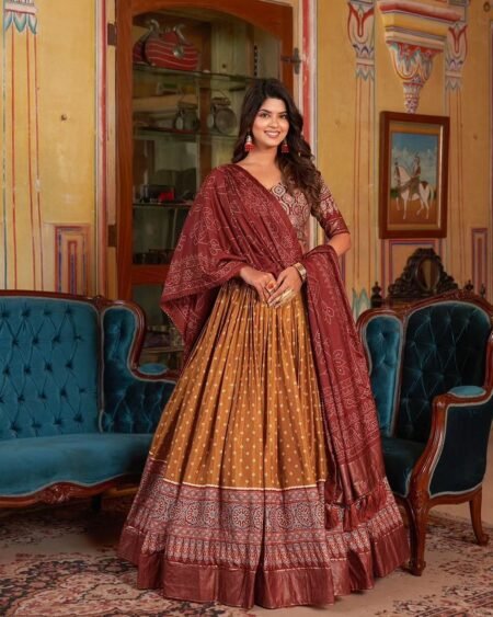 Malishka Export Womens Orange Dola Silk With Foil Print Lehenga Choli Set